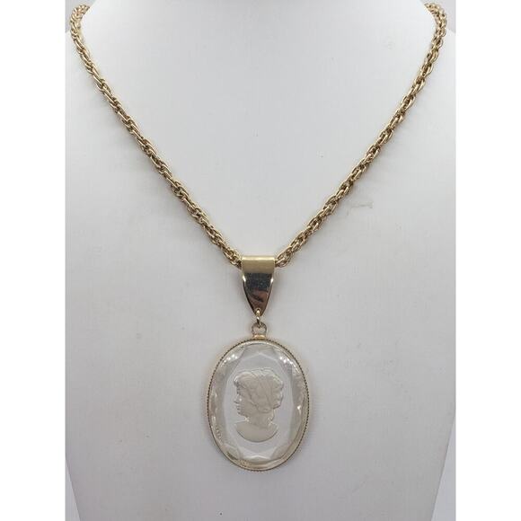 Vintage Intaglio Reverse Engraved Cameo Necklace Rope Chain Faceted Pendant 1970 - Picture 2 of 12